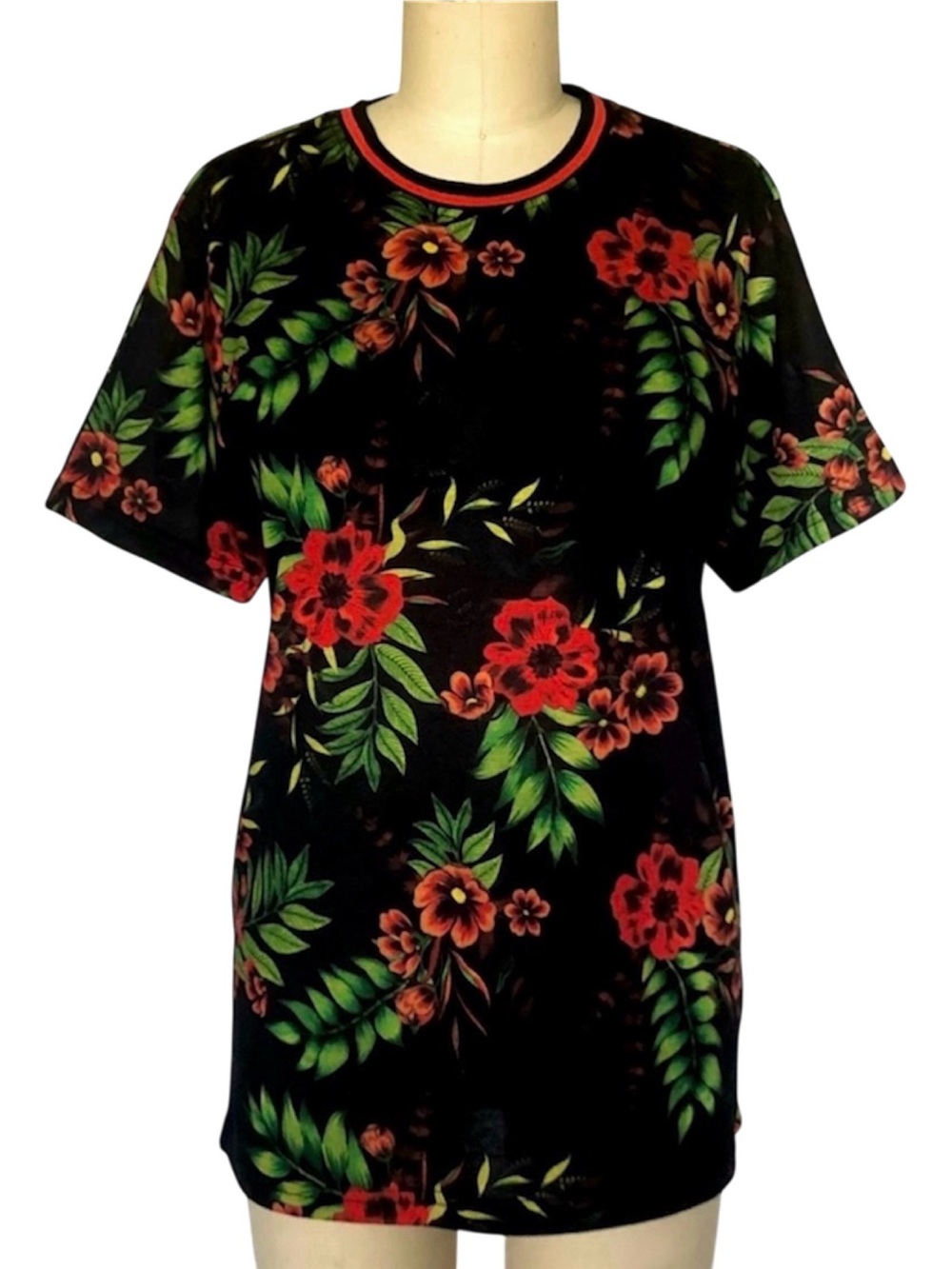 Vintage Bold graphic Tropical Floral Print T-Shirt Black Red Green Medium
